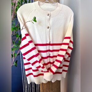 Cream and Red Striped Cardigan Sweater